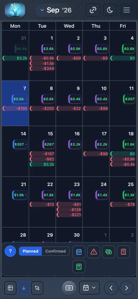 The Fudger month view on a phone-sized screen, with balances compacted to abbreviated amounts.